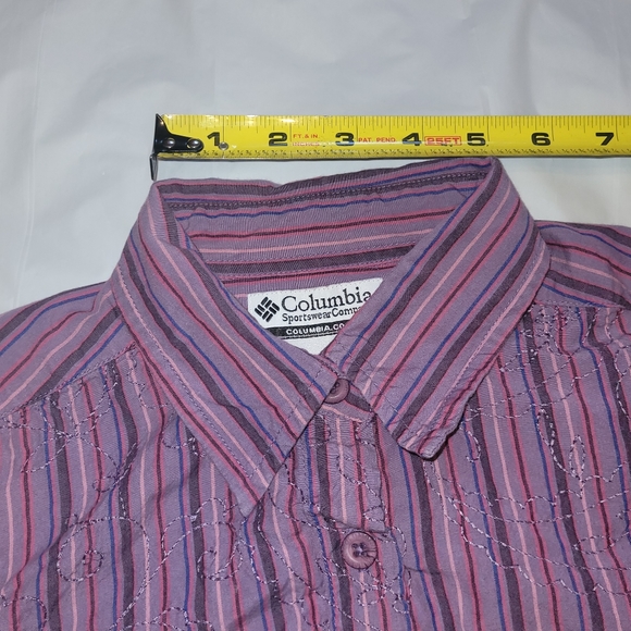 Columbia Purple Striped Button-Down Shirt w/ Floral Embroidery & Tie Sleeves Sm. - Picture 12 of 16